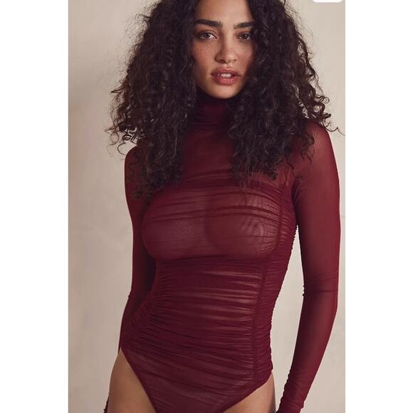 Intimately Free People Wine Under It All Sheer Maroon Bodysuit Size Medium - Picture 1 of 9